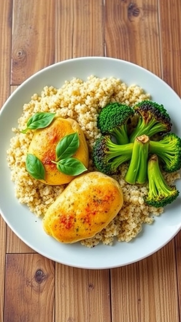 Lemon basil chicken served with quinoa pilaf and roasted broccoli on a rustic table.